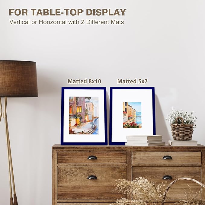 KINLINK 11x14 Picture Frame Navy, Solid Wood Frames with Acrylic Plexiglass for Pictures 5x7/8x10 with Mat or 11x14 without Mat, Tabletop and Wall Mounting Display, Set of 4