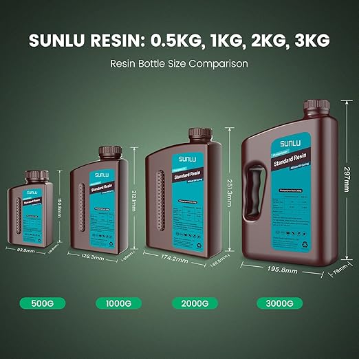 SUNLU 3D Printer Resin Bundle, 395 to 405nm UV Curing 3D Printing Liquid Photopolymer Resin, Low Shrinkage and High Precision,(Grey+Dark Grey+Clear+Clear Blue,1kg Per Bottle,4kg in Total)
