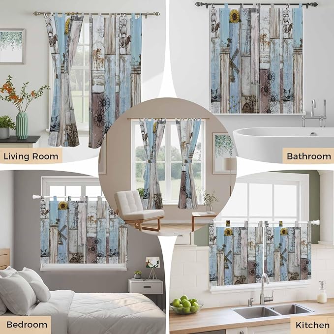 Blue Grey Wooden Bathroom Curtains 63 Inch Length, Window Curtains Tab Top, Farmhouse Barn Sunflowers Retro Light Filtering Window Treatments Drapes 52"x63" 2 Panel