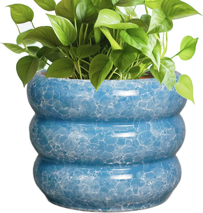 SQOWL 8 Inch Plant Pot with Drainage Hole - Ceramic Pot for Plants Outdoor Planter for Indoor Plants Decorative Plant Pot Medium Flower Pot Round Planter for Bathroom House Decor Blue