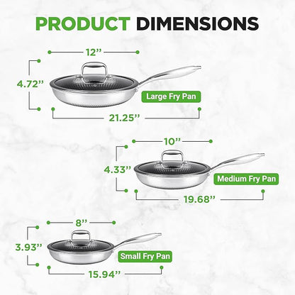 NutriChef 6-Piece Tri-Ply Stainless Steel Frying Pan Set – 8", 10", 12" Non-Stick Skillets with Lids, Induction Compatible, Oven Safe, Scratch-Resistant, Dishwasher Safe