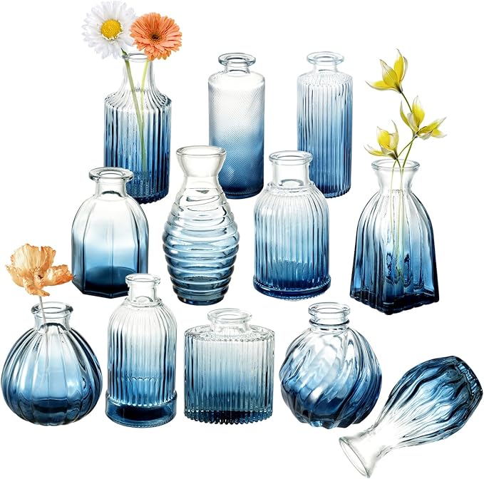Bud Vases Set of 12, Gradient Blue Glass Vase Vintage Flower Vase for Decor Ribbed Small Bud Vases in Bulk Cute Wedding Birthday Party Centerpieces Table Decoration Home Decor
