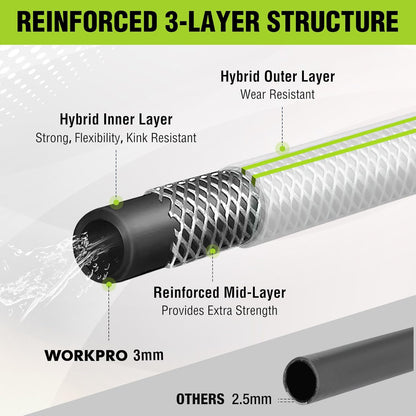 WORKPRO Hybrid Garden Hose 5/8 in.x 100ft, Water Hose Heavy Duty, Flexible, Lightweight Hybrid Rubber Hose with Rotary Handle, 3/4" Solid Brass Fittings, Outdoor Watering Hose for Lawn, Garden & Yard