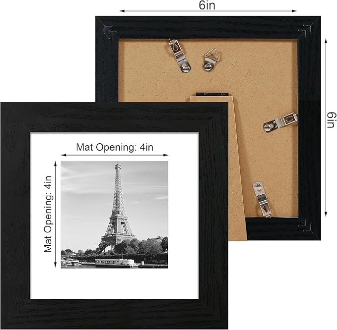 6x6 Picture Frame Set of 4 with High Definition Glass, Black Frames Display 4x4 Picture with Mat or 6 x 6 Without Mat, Square Wood Photo Frame for Wall Mount and Tabletop Display