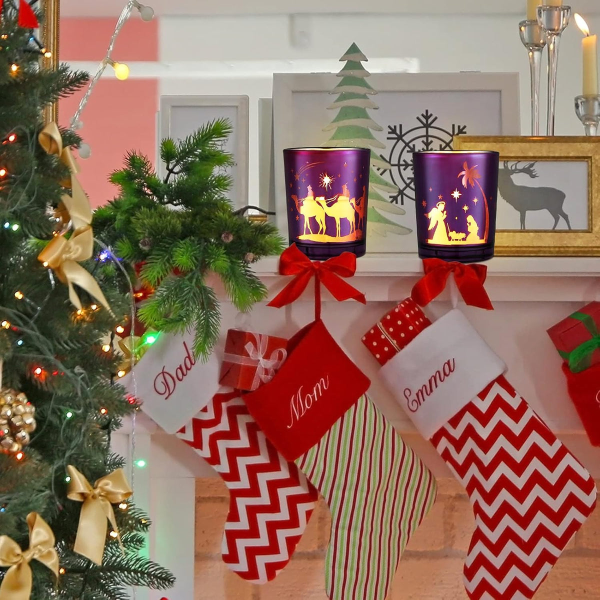 4 Pcs Christmas Advent Candle Holder Nativity Scene Candle Holder Glass Purple and Pink Tealight Candle Holders for Holiday Xmas Wedding Church Home Decor, 4 Styles
