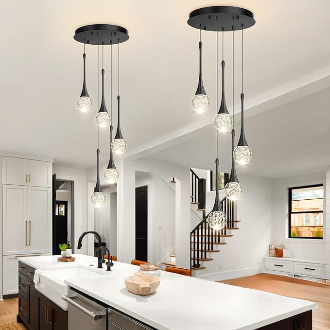 cenzoz 5-Lights Modern Pendant Lights for Kitchen Island LED Dimmable Chandelier Crystal Glam Ceiling Pendant Lighting for Dining Room Hallway Bedroom Lamp Black