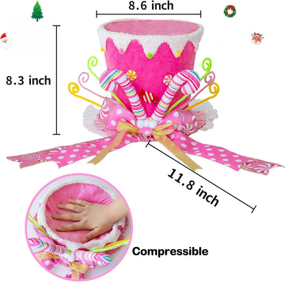 Pink Christmas Tree Topper Hat, Pink Tree Topper Hat with Bows Ribbon Ornament, Top Hat Christmas Tree Topper for Home Office Holiday Xmas Gift Tree Decoration(Velvet Material