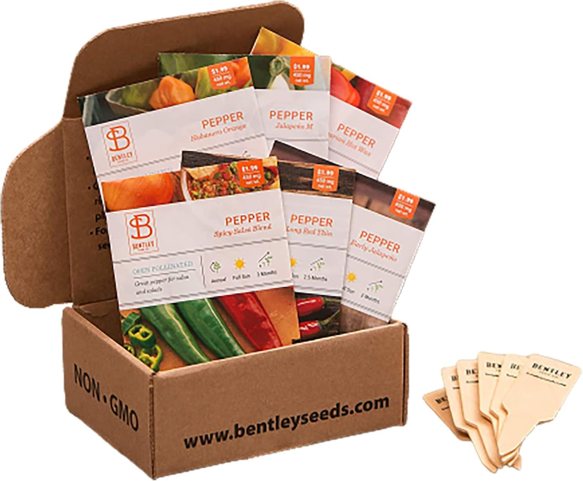 Bentley Seeds Co. HOT Peppers Seed Packet Kit With 6 Row Markers - Green & Red Chili Pepper Seeds for Vegetables Garden - Variety of Pepper Seeds for Planting - Non-GMO, Heirloom Seed Packets (6 Pack)
