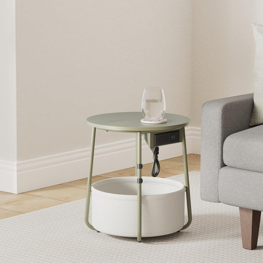 VASAGLE LILEA Collection - Side Table with Charging Station, Round End Table with Fabric Basket, Nightstand with USB Ports, for Living Room, Bedroom, Modern, Forest Green and Cream White ULET228C04