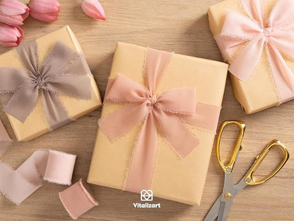 Vitalizart Dusty Rose Handmade Chiffon Silk Ribbon Fringe 1.5" x 21 Yd Frayed Edges Brown Ribbons for Wedding Invitations Bridal Bouquets Gifts Wrapping Crafts Holiday Party Decorations Nude Pink