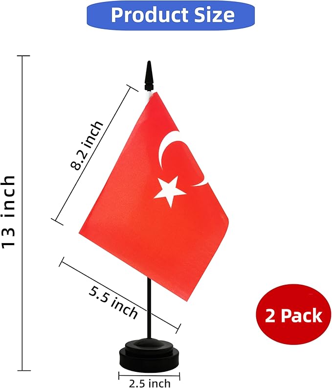 2 Pack Turkey Desk Flag, Turkish Table Office Flag with Solid Pole and Stand Base, International Country Flag, Festival Celebration, Classroom Meeting Desktop Decoration (Turkey)
