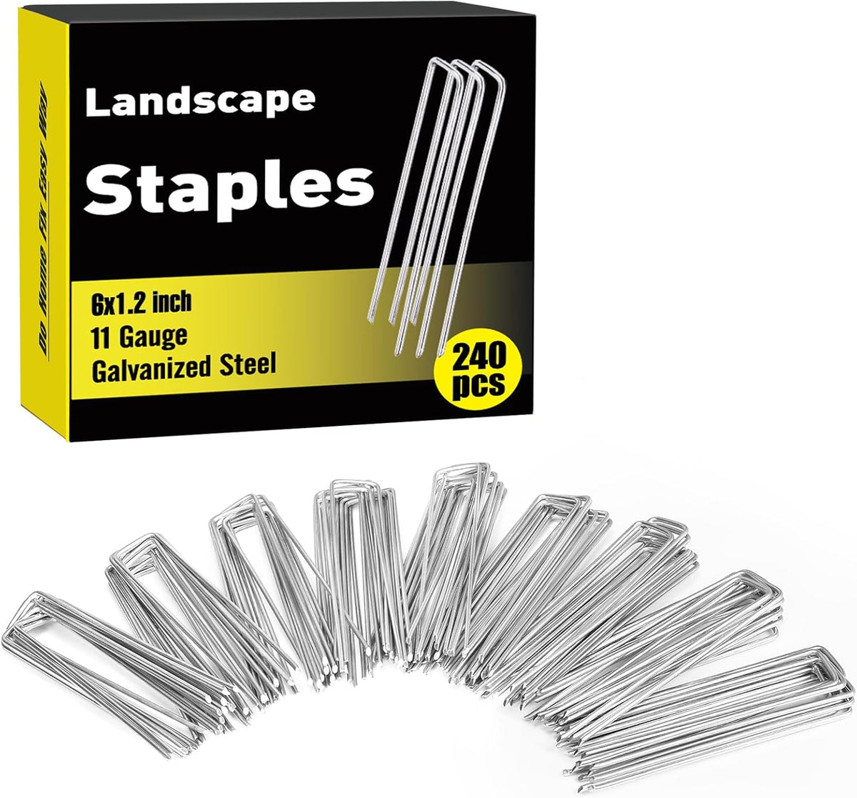 HongWay 240 Pack 6 Inch Landscape Staples, Garden Stakes Galvanized Tent Stakes Heavy Duty 11 Gauge SOD Landscaping Fabric Pins Yard Ground Lawn Staples for Plant Cover, Turf, Fence, Grass Decoration