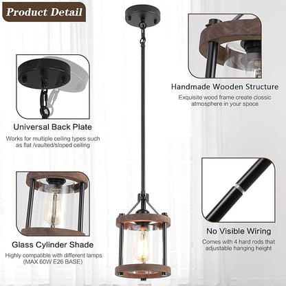 SGLfarmty Farmhouse Pendent Lights for Kitchen Island, Rustic Black and Wood Light Fixtures with Glass, Bronze Pendant Lamps Over Table, Chain Hanging Light for Dining Room, Sink, Bar, 1 Pack