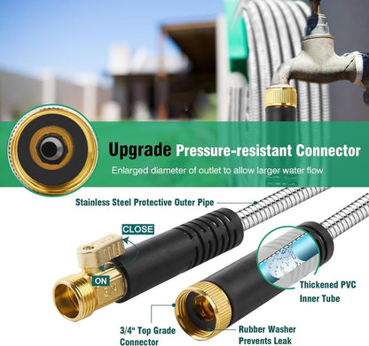 200Ft Metal Garden Hose durable stainless steel Water Hose, flexible, lightweight hose is resistant to kinks and tangles.With 10-way nozzle, strong 3/4” metal fittings, and a Stop Valve.