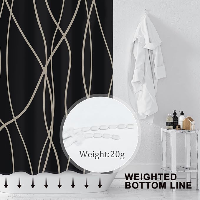 Punkray Black and Brown Striped Wavy Line Polyester Shower Curtain for Bathroom with Hooks, Weighted Hem, Waterproof Bath Accessories Hotel Style, 72 x 72