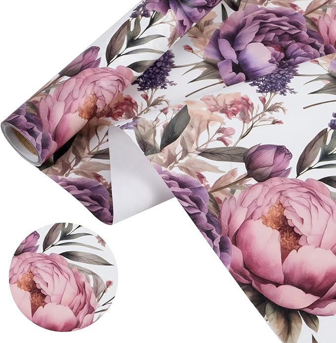 WRAPAHOLIC Kraft Floral Wrapping Paper - Mini Roll - 17 Inch x 16.5 Feet - Watercolor Lavender Flower Wrapping Paper for Wedding, Birthday, Bridal Shower, Tea Party, Drawer Liners, Home Closet Shelves