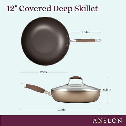 Anolon Advanced Home Hard Anodized Nonstick Deep Frying Pan/Skillet with Lid, 12 Inch, Bronze