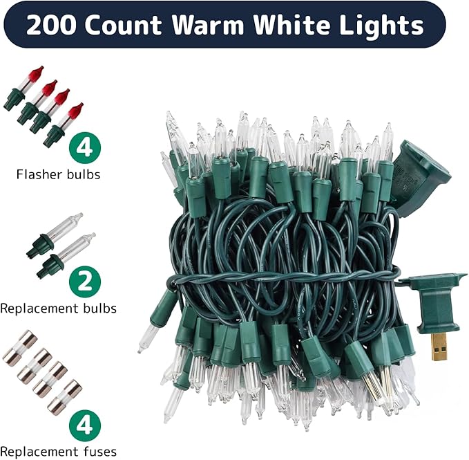 PREXTEX 200 Count Clear Christmas Tree Lights - 40 ft Warm Fairy String Lights with Green Wire - Indoor and Outdoor Mini Light for Christmas, Holiday Decorations, Trees, Fences, Patios and More