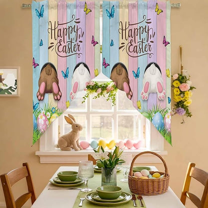 Swag Curtain Valances for Kitchen Windows,Happy Easter Rabbit Butt Egg on Daisy Leaf Short Rod Pocket Window Valance,Bufferfly on Wood Barn Swag Topper for Bedroom Living Room,2 Panels 28x36in