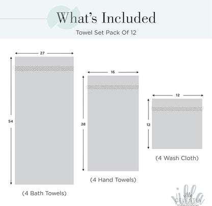100% Cotton Bath Towel Set of 12-4 Bath Towels, 4 Hand Towels, 4 Wash Cloths, Sustainable, Soft, Highly Absorbent, Combed Cotton 12 Piece Set for Hotels, Spa, Bathroom, Dorm, Teal