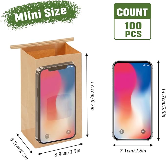 Moretoes 100pcs Small Bakery Cookie Bags with Window, Brown Kraft Paper Bags for Homemade Bread Cookie, 3.5x2.2x6.7in Tin Tie Tab