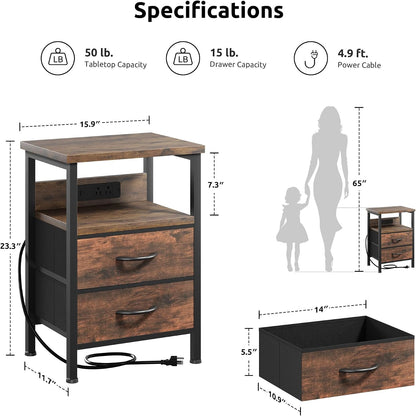 Lazzanto Night Stand with Charger Station for Bedroom, Brown Nightstand | Bedside Table, Open Shelf, 2 Fabric Drawers, Built in USB-A, USB-C Port & AC Outlets, For Dorm, Living Room, Bedroom