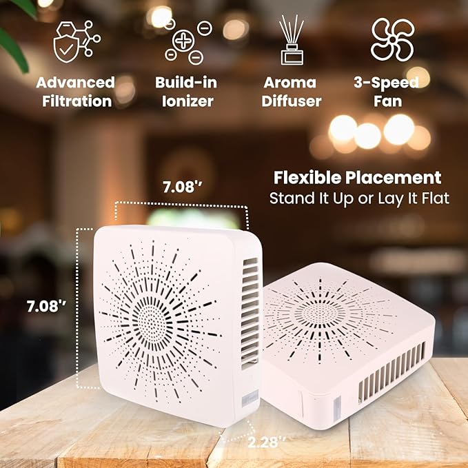 Portable Desktop Air Purifier & Fan Combo with HEPA Filter, Aroma & Ionizer – Compact Yet Powerful 3-Speed Air Cleaner for True Purification in Bedroom, Office, Travel & Gifts (White)