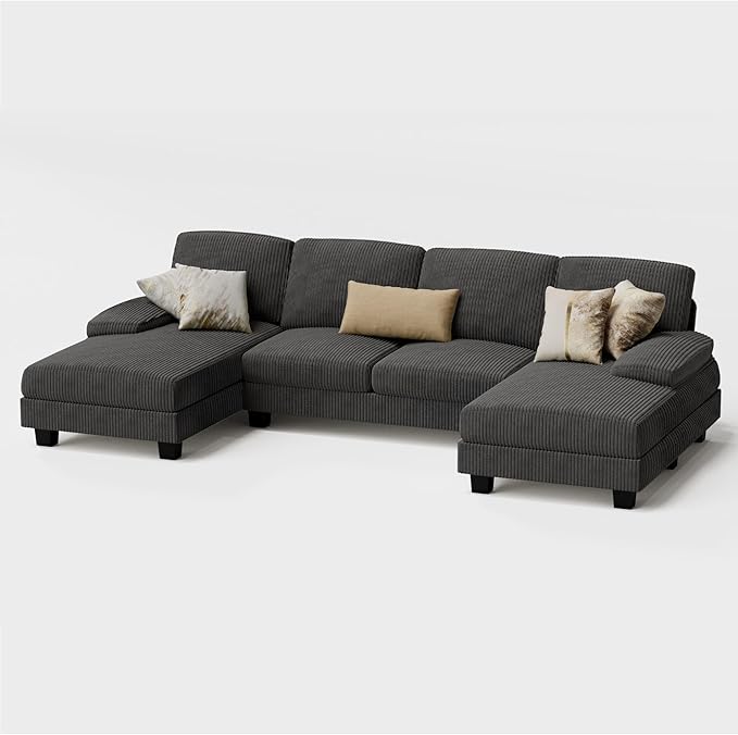 Furmax Sectional Couches for Living Room, U-Shaped Sofa Couch with Linen Fabric, 4 Seat Sofa Set with Double Chaise for Apartment (Corduroy, Dark Grey)