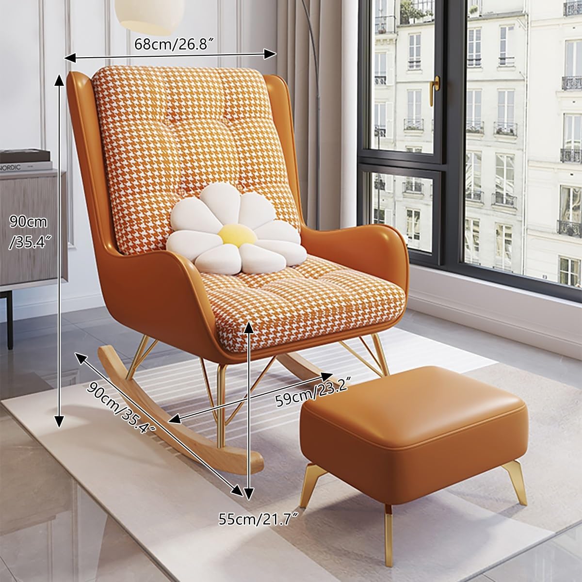 Oversized Rocking Chair with Cushion, Modern Accent Rocking Chair with PU and Solid Wood Legs, Rocking Chairs with Ottoman, Honeycomb Three-Dimensional Backrest for Bedroom, Living Room(Black)