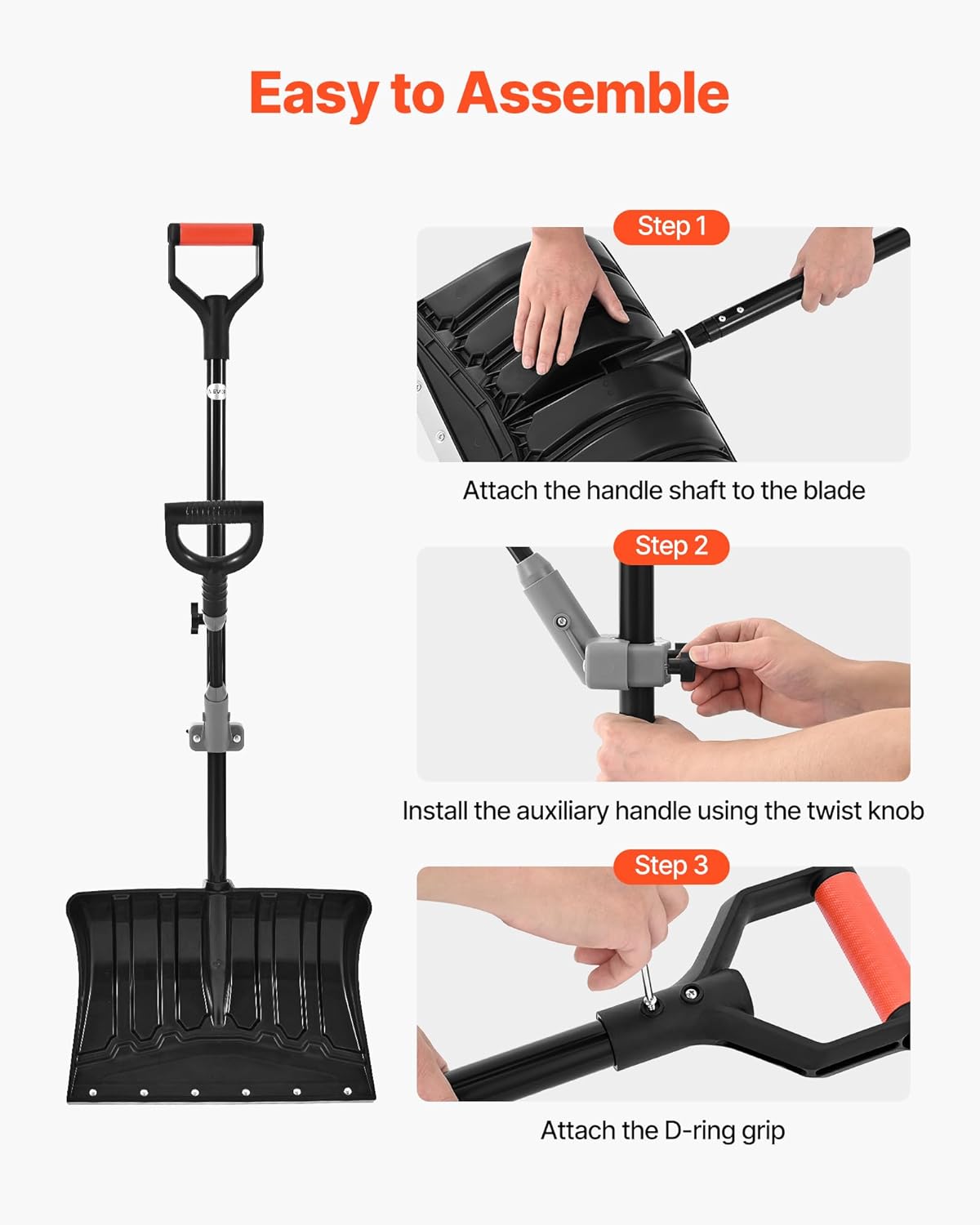 VEVOR Snow Shovel for Driveway, 18 in Wide Plastic Snow Shovel with Assist D-Shaped Handles, Non Slip Grip, Large Capacity Snowplow Shovels, Lightweight Snows Removal Tool for Garden Car Camping