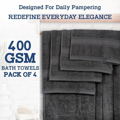 Casa Lino Charcoal Black Bath Towels Set of 4 (54" x 27") - Large Bathroom Towel Set - 100% Cotton Towels for Bathroom - Highly Absorbent & Quick Dry Bath Towel Multipack - New Apartment Essentials