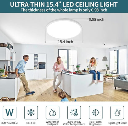 Led Ceiling Light Fixtures Dimmable with Remote Control, 15.4 Inch Ultra Thin Modern Flush Mount, 36 W, 4500 LM, with Night Light, for Bedroom, Kitchen, Dining Room, Living Room