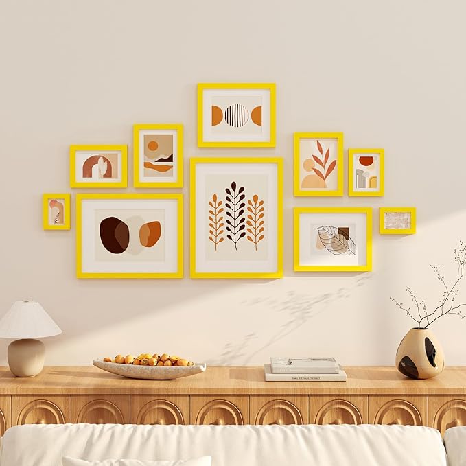 KINLINK 4x6 Picture Frames Yellow, Solid Wood Frames with Acrylic Plexiglass for 3.5x5 with Mat or 4x6 without Mat, Tabletop and Wall Display Photo Frame, Set of 4