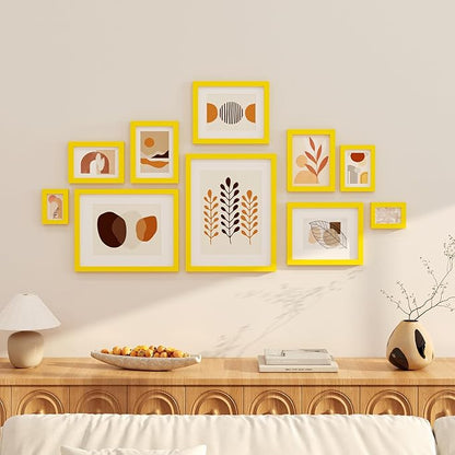 KINLINK 4x6 Picture Frames Yellow, Solid Wood Frames with Acrylic Plexiglass for 3.5x5 with Mat or 4x6 without Mat, Tabletop and Wall Display Photo Frame, Set of 4
