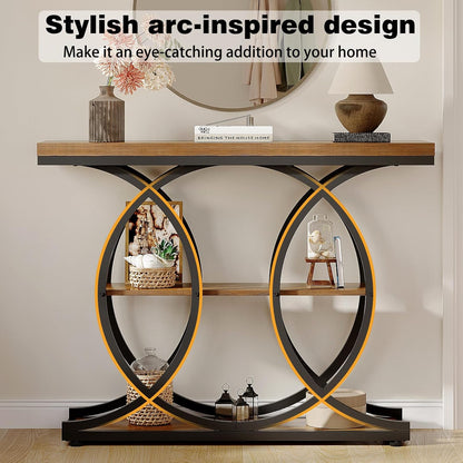 GiftGo Narrow Console Table for Entryway Industrial 3-Tier Sofa Table Behind Couch with Circle Base Wooden Accent Wall Tables with Storage Shelves for Living Room, Hallway, Foyer (Rustic Brown)