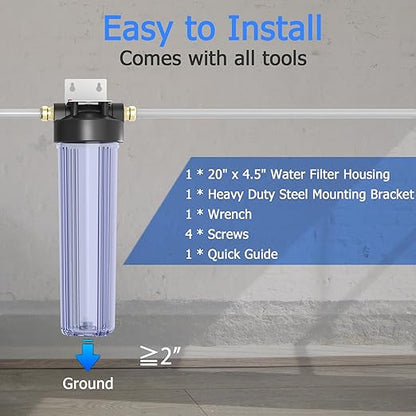 WHT20 Whole House Water Filter Housing, Fit 20"x4.5" Sediment etc Filters for Well and City Water, Big Filter Blue Pre-Filtration System for Home, 1" NPT Port, Pressure Release (Clear Housing)