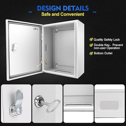 Outdoor Electrical Junction Box, 16x 12 x 8'' NEMA 4X Enclosure Box, Wall Mounted IP66 Waterproof & Dustproof Lockable Metal Junction Box