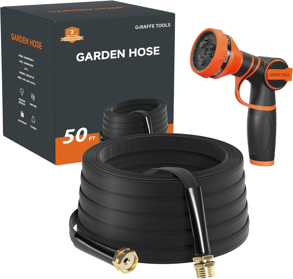 Giraffe Tools Garden Hose 50FT Lightweight Lay Flat Water Hose Kink Free Flexible Hose with 9 Spray Function Nozzle, Black