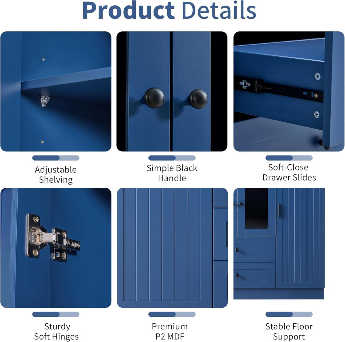Merax Modern Large Kitchen Pantry with 6 Doors, 53.2''Lx17.7''W Storage Cabinet Cupboard with Drawers, Adjustable Shelves, Pull-Out Trays and Wine Rack for Dining Room, Blue