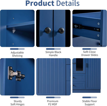 Merax Modern Large Kitchen Pantry with 6 Doors, 53.2''Lx17.7''W Storage Cabinet Cupboard with Drawers, Adjustable Shelves, Pull-Out Trays and Wine Rack for Dining Room, Blue