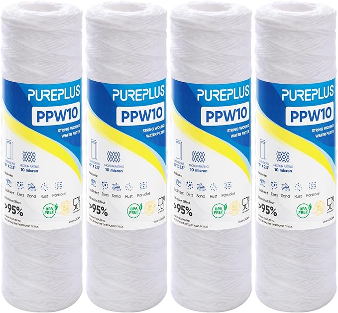 PUREPLUS 10 Micron 10"x2.5" Whole House String Wound Sediment Filter for Well Water, Replacement Cartridge for Universal 10 inch RO System, WP-5, Aqua-Pure AP110, CFS110, Culligan P5,WFPFC4002, 4Pack
