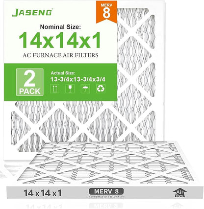 14x14x1 Air Filters, MERV 8 Pleated HVAC Furnace Filters (2-Pack) - Dust Defense, MPR 600 - exact dimensions: 13.75"x13.75"x0.75" - Replacement for AC, Heater, and Ventilation Systems