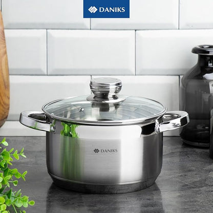 Daniks Standard 9-Piece Stainless Steel Induction Cookware Set, Saucepan, Dishwasher Safe Pots, Measuring Scale, Glass Lids, For Soup, Pasta, Stew, Silver