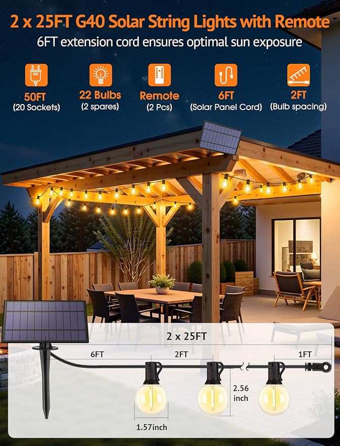 50FT(2x25FT) Solar String Lights Outdoor with Remote, Waterproof Dimmable 3 Modes Patio Lights with 20+2 LED G40 Bulbs for Cafe Bistro-Black