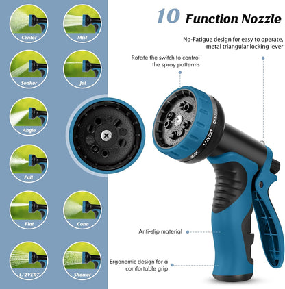 Garden Hose 50FT, Water Hose with 10 Function Nozzle, Garden Hose Metal with Leak-proof Connectors, No-Kink, Lightweight, Puncture-proof, Pet-proof, Sturdy, 550PSI, Hose for Outdoor, Yard
