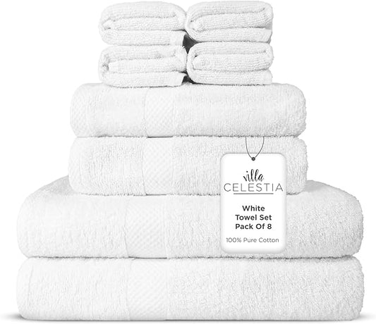 100% Combed Cotton Bathroom Towel Set of 8- 2 Bath Towels, 2 Hand Towels, 4 Wash Cloths, Sustainable, Soft, Highly Absorbent 8 Piece Cotton Bath Towel Set Ideal for Hotels, Spa, Bathroom, Dorm, White