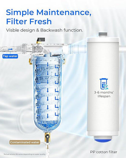 Waterdrop Mega Spin Down Sediment Filter, Reusable Whole House Water Filter System for City Water, Backwash Sediment Water Filter System, 100 Micron+5 Micron PP Filter, 1" MNPT + 3/4" FNPT, BPA Free