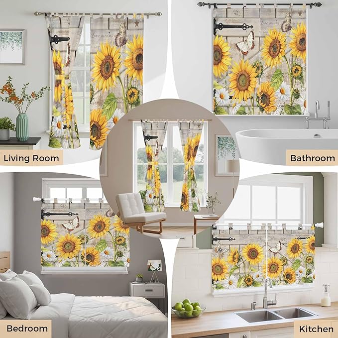 Farm Flowers Living Room Curtains 84 Inch Length, Window Curtains Tab Top, Retro Sunflowers Barn Doors Butterfly Wood Board Light Filtering Window Treatments Drapes 42"x84" 2 Panel