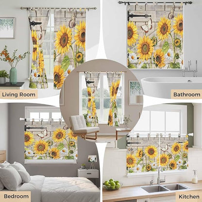 Farm Flowers Bathroom Curtains 63 Inch Length, Window Curtains Tab Top, Retro Sunflowers Barn Doors Butterfly Wood Board Light Filtering Window Treatments Drapes 52"x63" 2 Panel