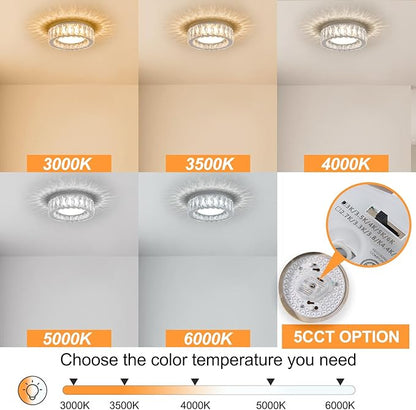 Dimmable Modern Luxury Crystal LED Flush Mount Ceiling Light,11 Inch 24W/5CCT 3000K-6000K Chrome Small Close to Ceiling Lighting Fixtures for Kitchen,Entryway,Laundry Room,Porch,Hallway